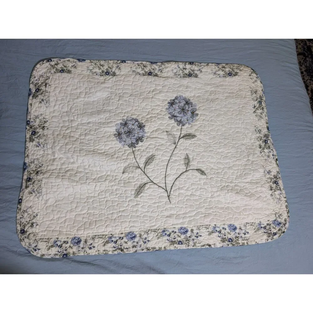 Vintage Quilted Hydrangea Pillow Sham Set of 2 Embroidered Cottagecore Bedding